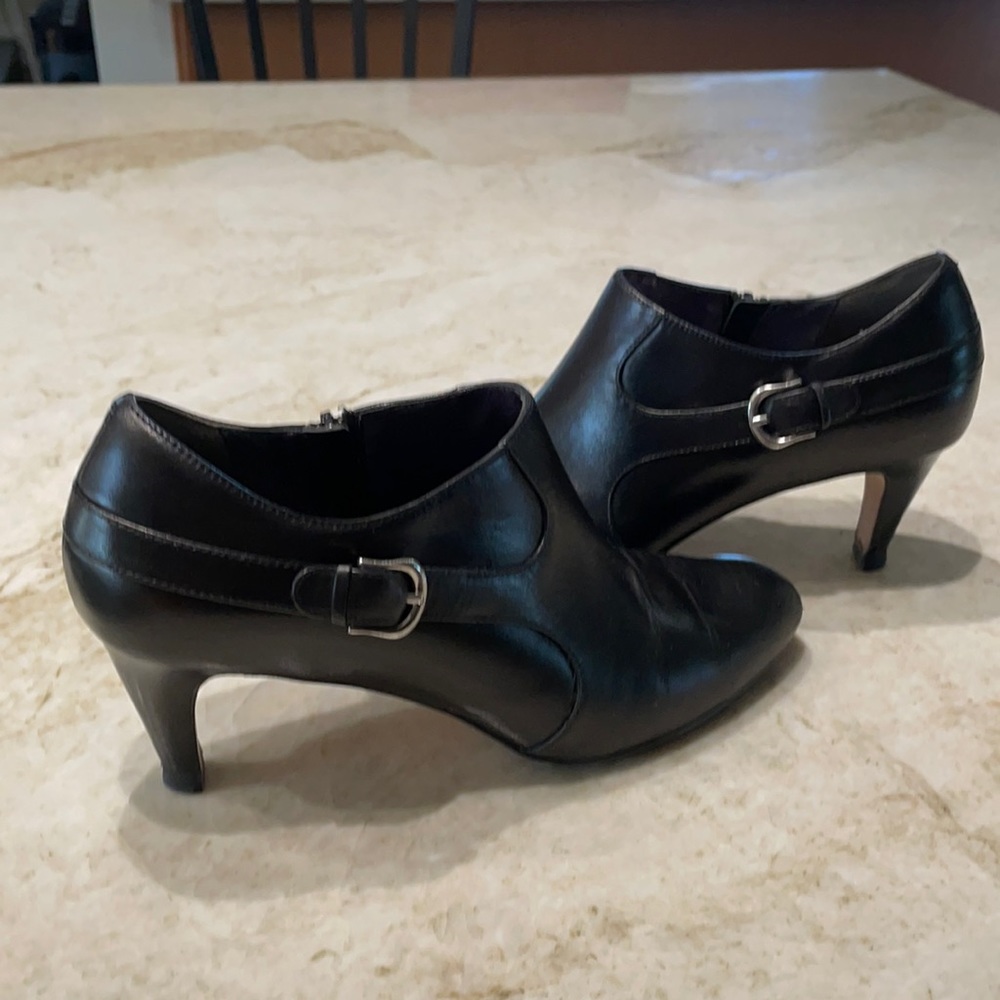 Black leather women’s booties, Cole Haan designer pointy toe 2 1/2 inch heel